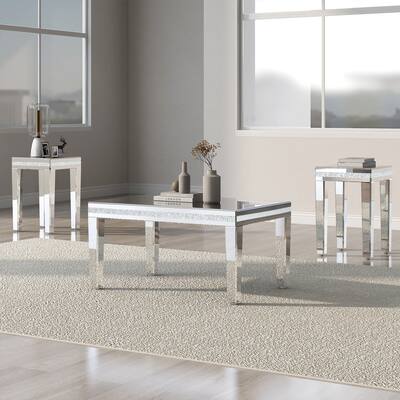Modern Glass Mirrored Coffee Table Set of 3, Easy Assembly Crystal Design Cocktail Table with 2 End Tables, Silver