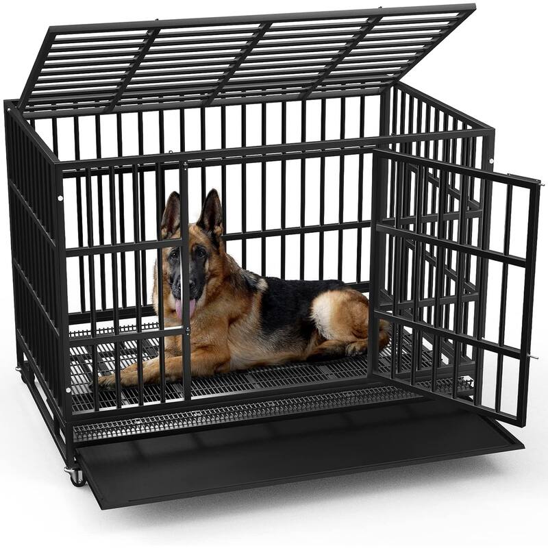 BOSSIN 48/38 inch Heavy Duty Indestructible Dog Crate, Escape Proof Dog Cage Kennel with Lockable Wheels - 48inch - Black