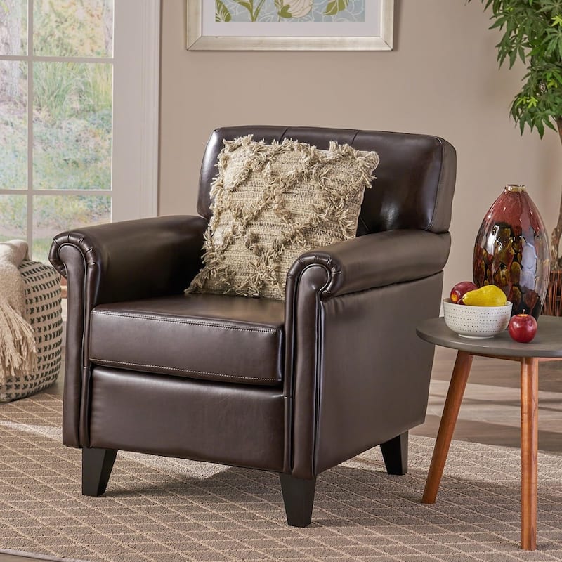 Brown Modern 30" PU Upholstered Button Tufted Club Chair with Wood Legs for Living Room - Brown