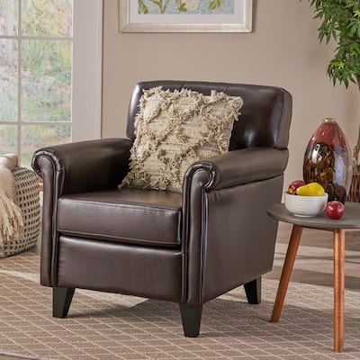 Roomfitters Faux Leather Accent Chair with Rolled Arms and Tapered Legs, Upholstered Armchair for Living Room or Study, Brown
