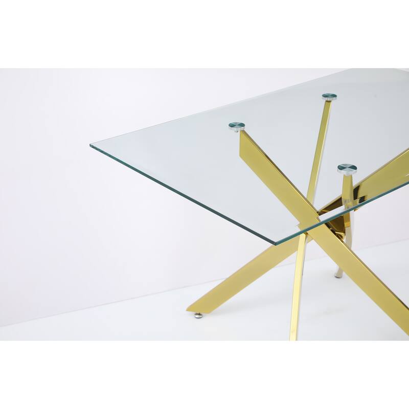 The modern rectangular tempered glass tabletop is paired with a golden iron frame, measuring 47.24 inches in length