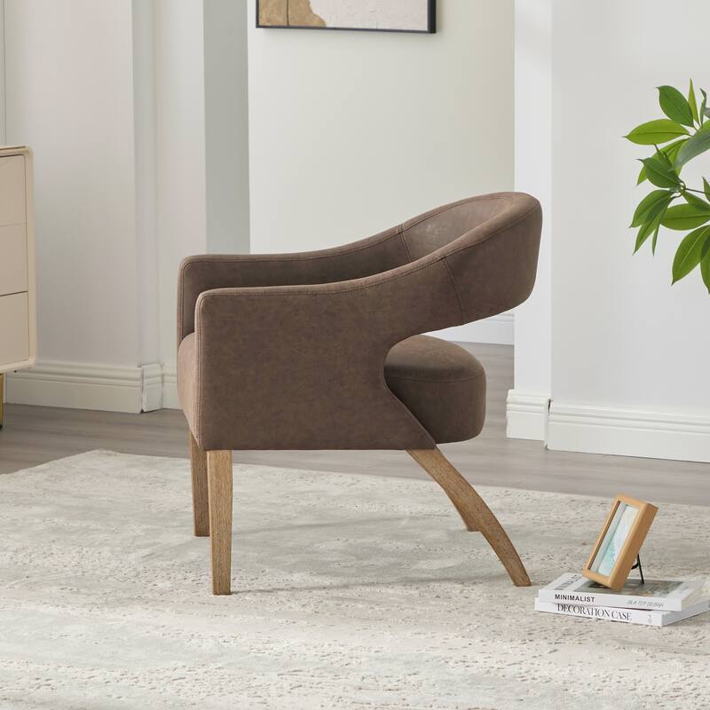 PU Leather Barrel Accent Chair, Ergonomic Lounge Reading Chair, Upholstered Armchair with Hollow Back & Solid Wood Legs