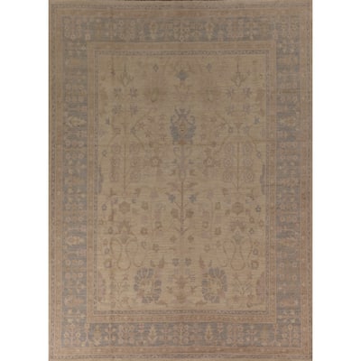 Vegetable Dye Oushak Turkish Area Rug Hand-Knotted Beige Wool Carpet - 9'1" x 11'5"