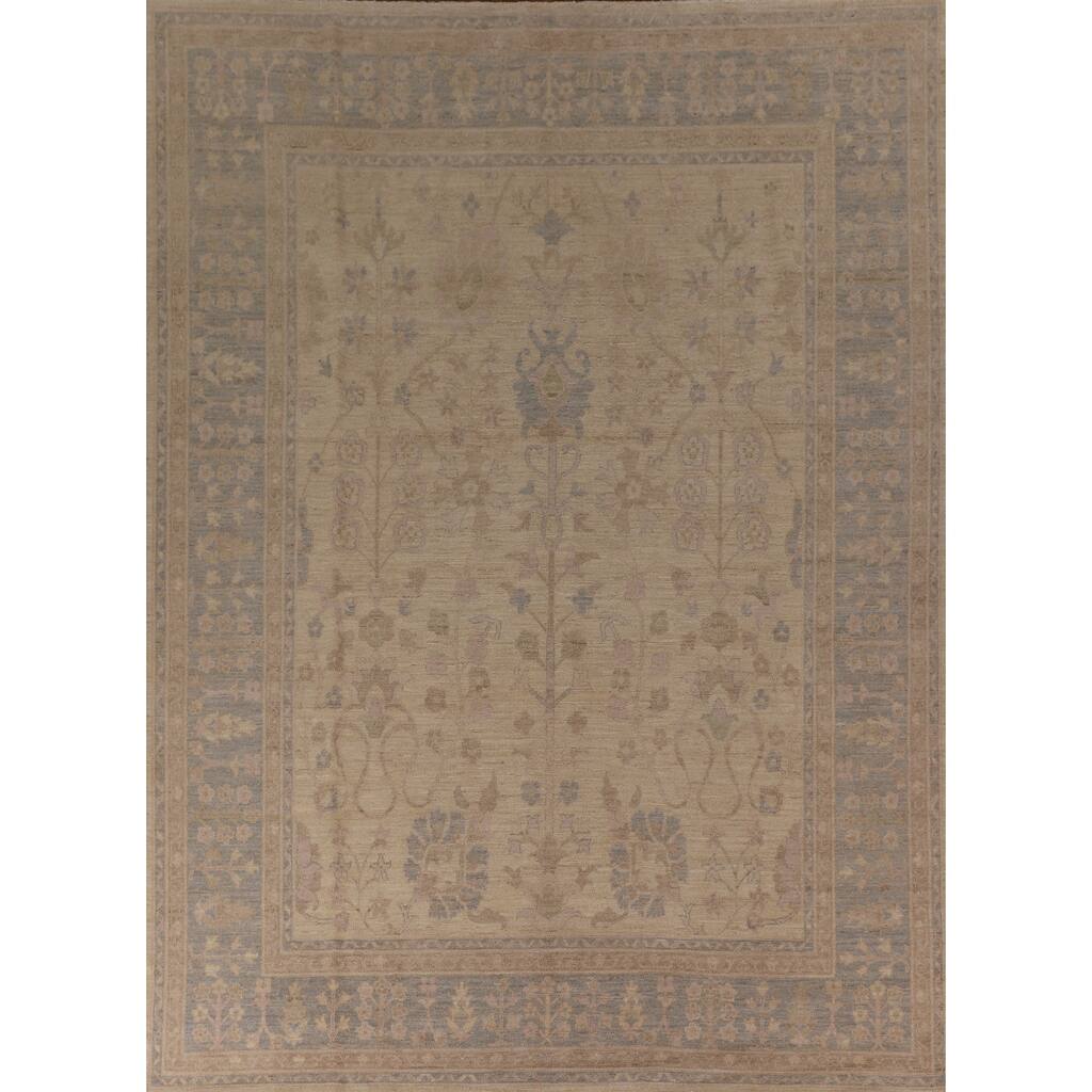Vegetable Dye Oushak Turkish Area Rug Hand-Knotted Beige Wool Carpet - 9'1" x 11'5"