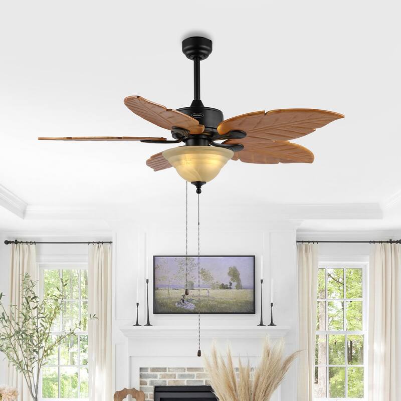 Owen 52" 3-Light Coastal Bohemian Iron/Wood Palm Leaf LED Ceiling Fan with Pull Chain, by JONATHAN Y