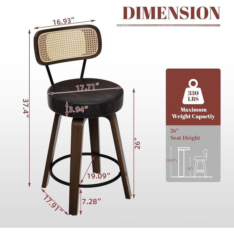 XINMICS 26 Inches Swivel Counter Height Bar Stools with PE Rattan Back, Faux Leather Upholstered Bar Chairs, Set of 2/3/4