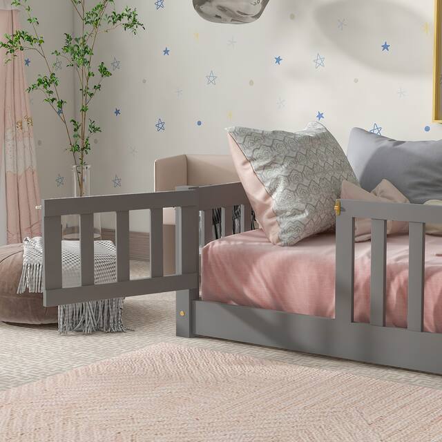 Twin/Full/Queen size Floor Platform Bed with Fence and Door for Kids, Toddlers