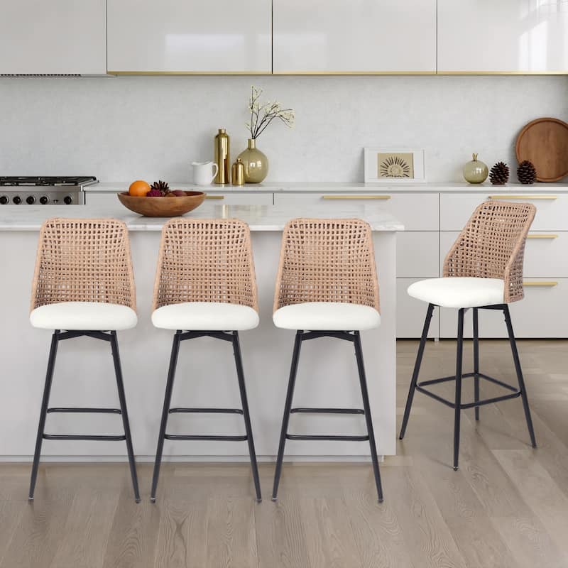 Chenille Counter Height Swivel Bar Stools Rattan Back with Metal Legs