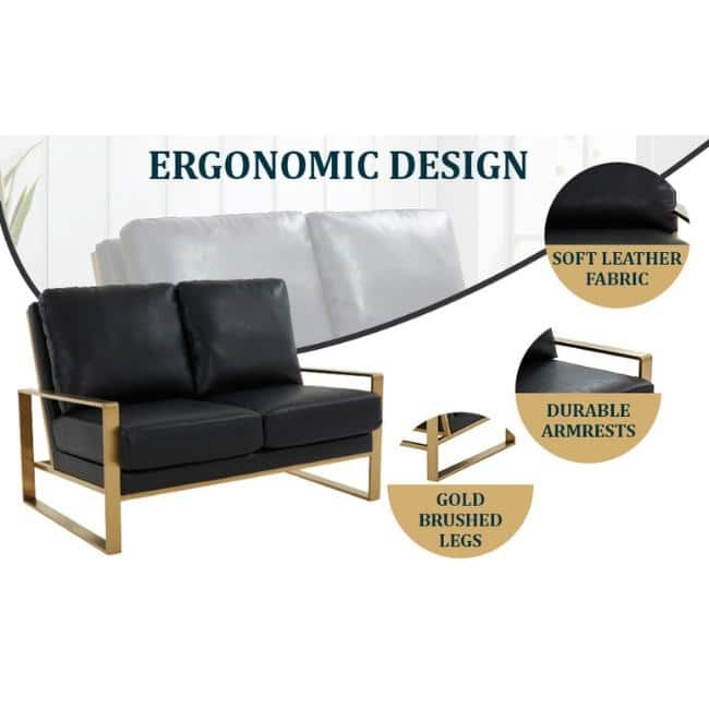 Jefferson Modern Leather Loveseat Gold with Gold Metal Base, Cushion Seating, Pocket Springs, and Protective Floor Pads - 53.1