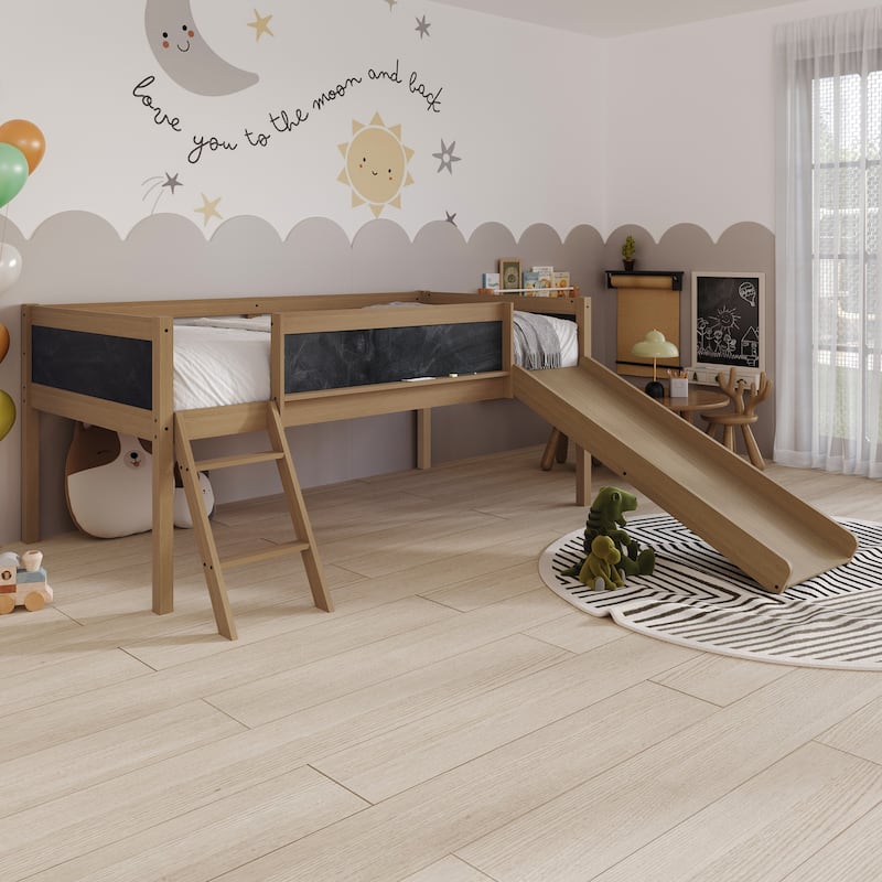 CraftPorch Classic Twin Low Loft Bed with Chalkboard, Slide and Ladder