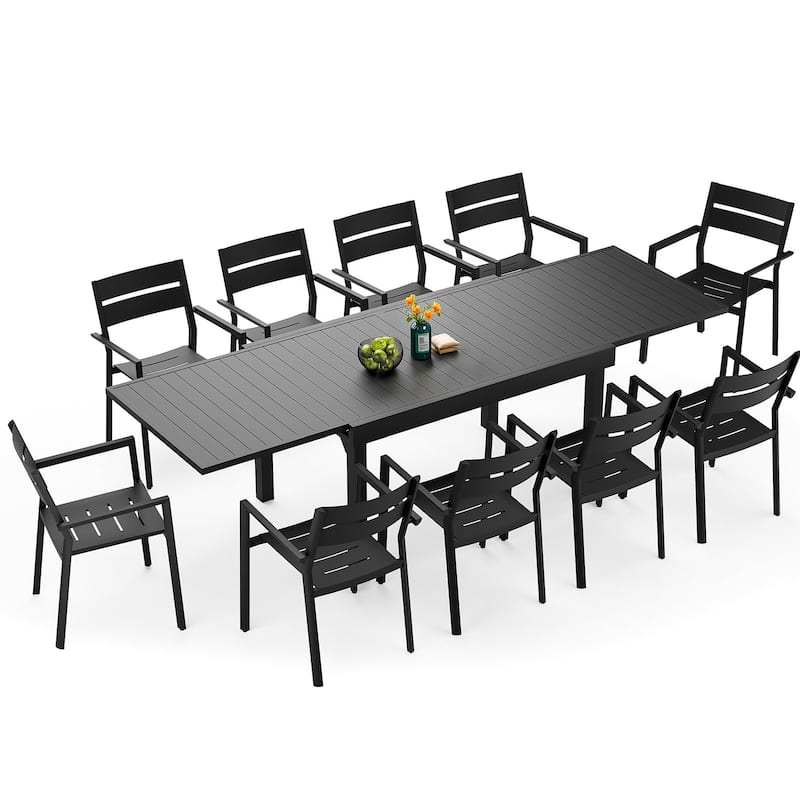 5/7/11 Piece Set Outdoor Dining Set Aluminum Patio Expandable Table with Stackable Chairs - Black - Set of 11