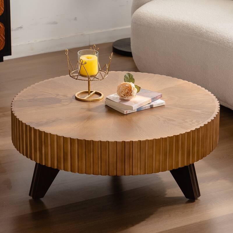 35.4-Inch Round Coffee Table for Living Room, Center Cocktail Table with Sturdy Wooden Legs for Home Decor - Natural