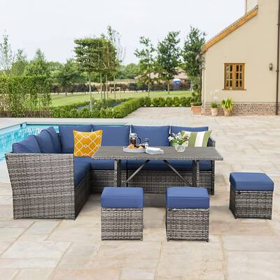 AECOJOY 7-Piece Outdoor Patio Wicker Sectional Sofa with Dining Table