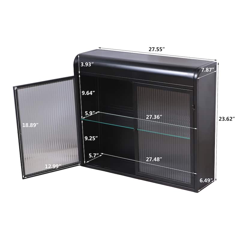 2-Door Wall-Mounted Metal Storage Cabinet with Glass Shelves for Bathroom, Kitchen & Office, Chrome Knobs