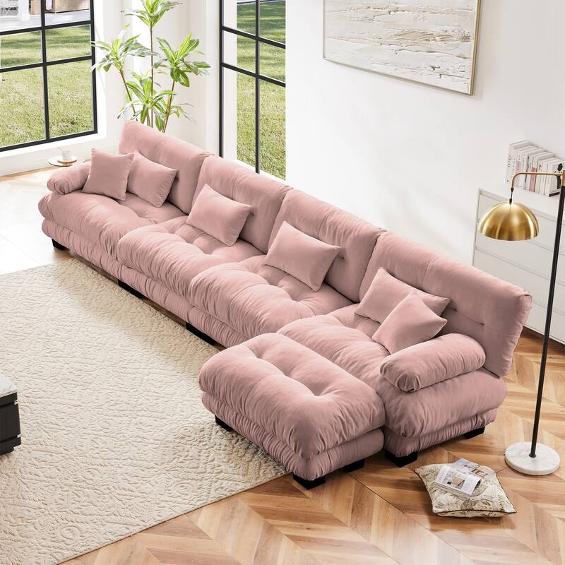 Modular L-Shaped 4-Seater Sectional Sofa Free Combination Cloud Sofa with Convertible Ottomans for Living Room - Pink