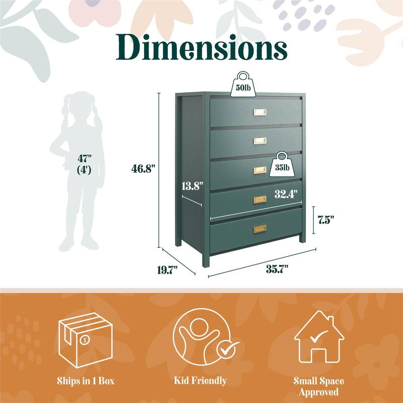 Anmytek Teal 5-Drawer Kids' Dresser with Brass Hardware, Modern Storage for Bedroom Entryway Nursery
