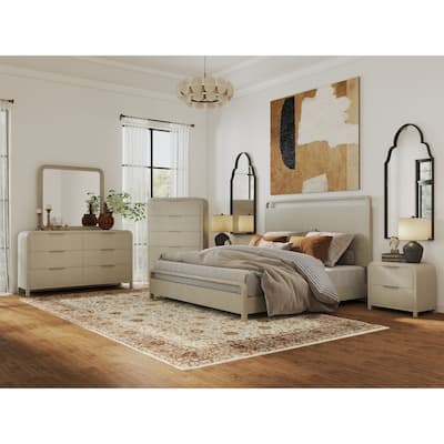 Roundhill Furniture Tavari 6-Piece Bedroom Set with Panel Bed, Dresser, Mirror, Two Nightstands, and Chest in Light Gray