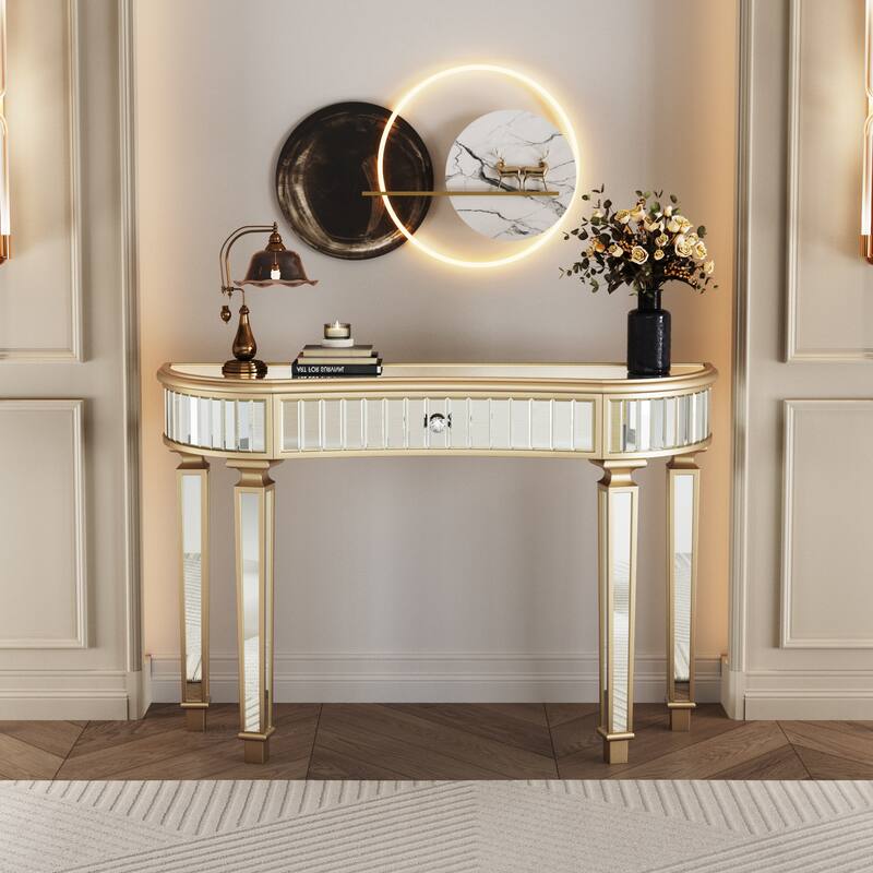 Roomfitters 47" Half-Moon Mirrored Console Table, Fluted Glass Entryway Vanity with Crystal Knob Drawer
