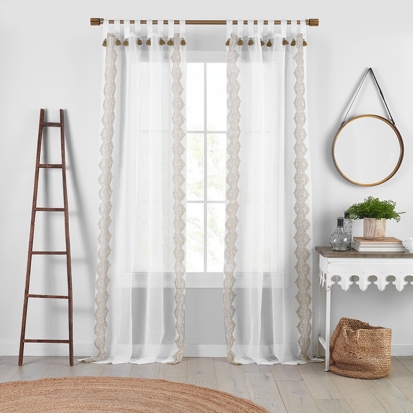 Shilo Boho Sheer Tab Top Window Curtain Panel with Tassels - On