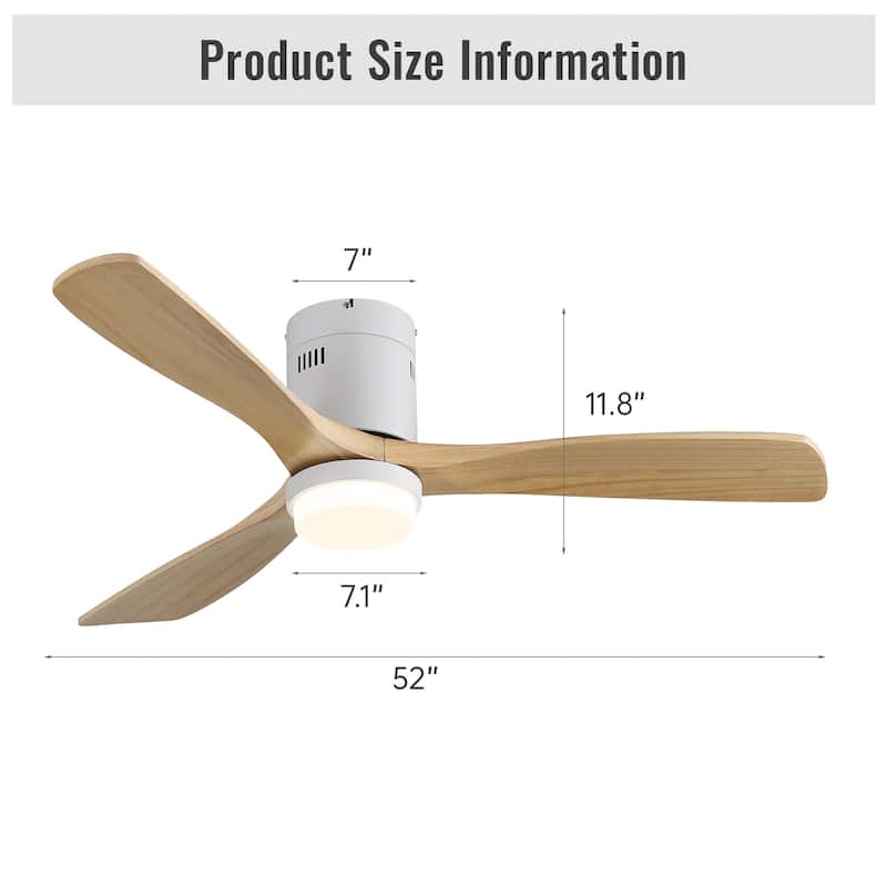 52 Inch Flush Mount Wood Blades White Ceiling Fan Reverse Airflow,6 Wind Speed,Remote Control