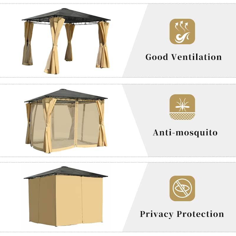 10'x10' Hardtop Gazebo - Polycarbonate Roof, Aluminum Frame, Mosquito Net & Privacy Screens for Shade & Rain