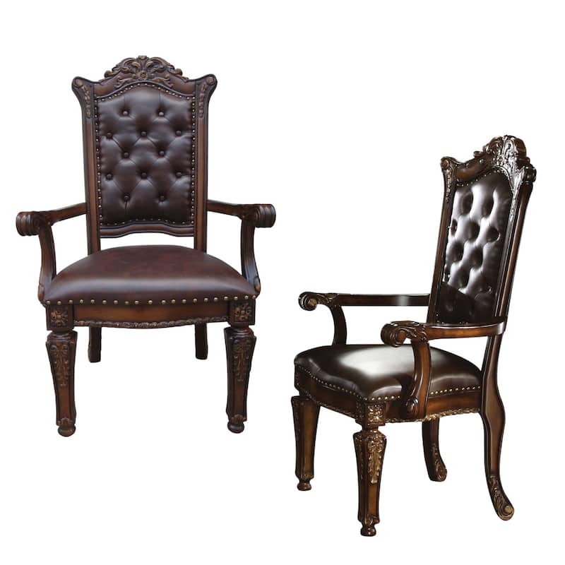 HomeRoots Set of Two Tufted Brown and Redwood Upholstered Faux Leather And Solid Wood Dining Arm Chairs