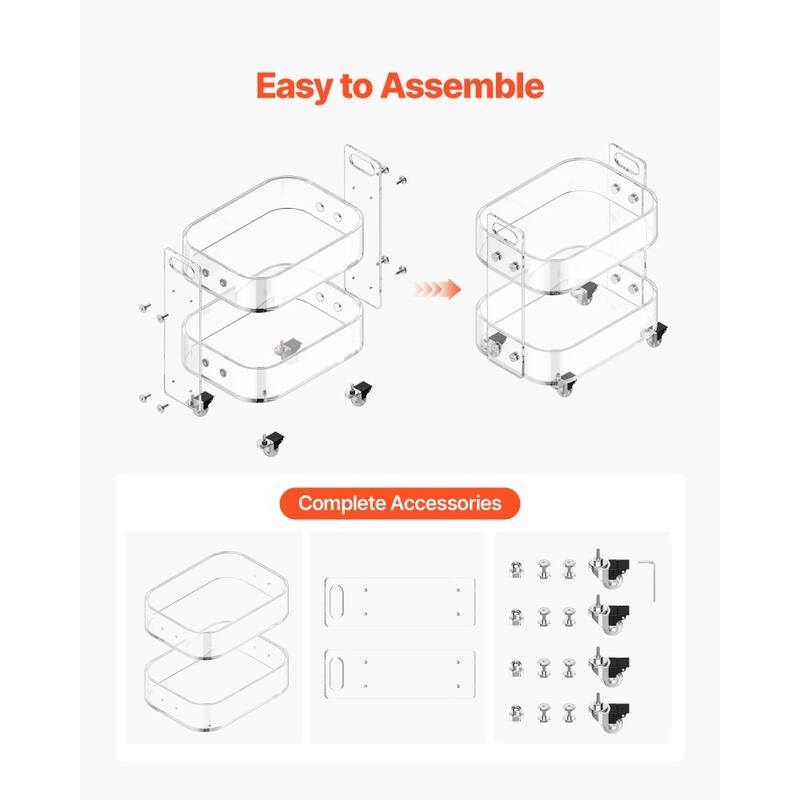 Clear Acrylic 2-Tier Side Table with Lockable Wheels and Transparent Storage - 12 x 16.3 x 18.9 in