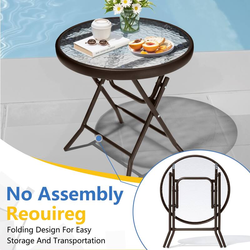 Outdoor Patio Folding Round Table Tempered Glass Top