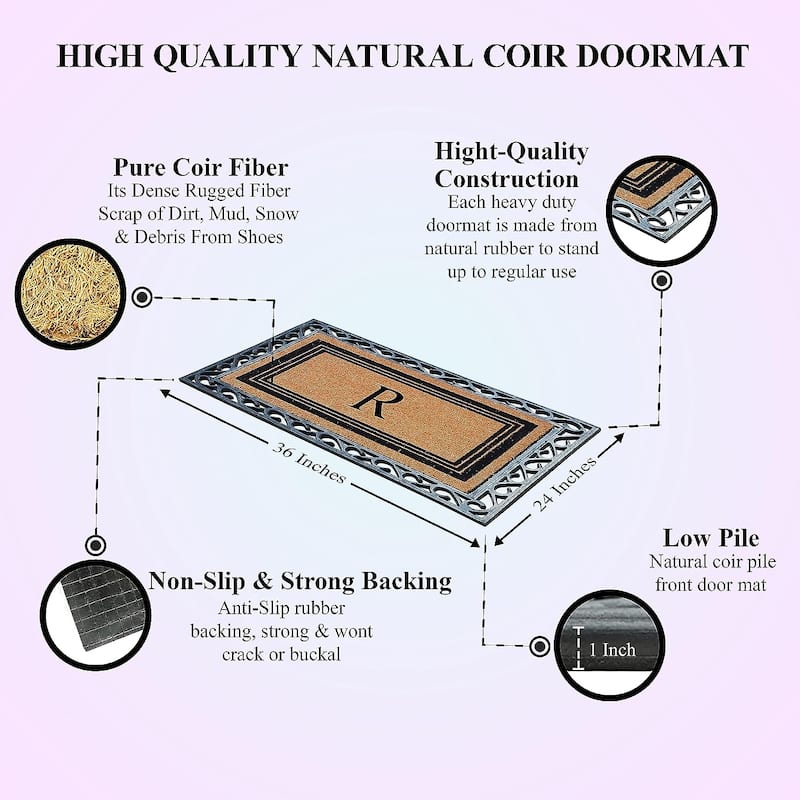 A1HC Natural Coir & Rubber Monogrammed Entrance Door Mats, Non-Slip, Flock Doormat, Thin-Profile Indoor Outdoor Doormat 24"x36"