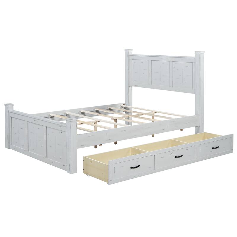 White Distressed Platform Bed Frame Wood Panel Bed w/ 3 Storage Drawers