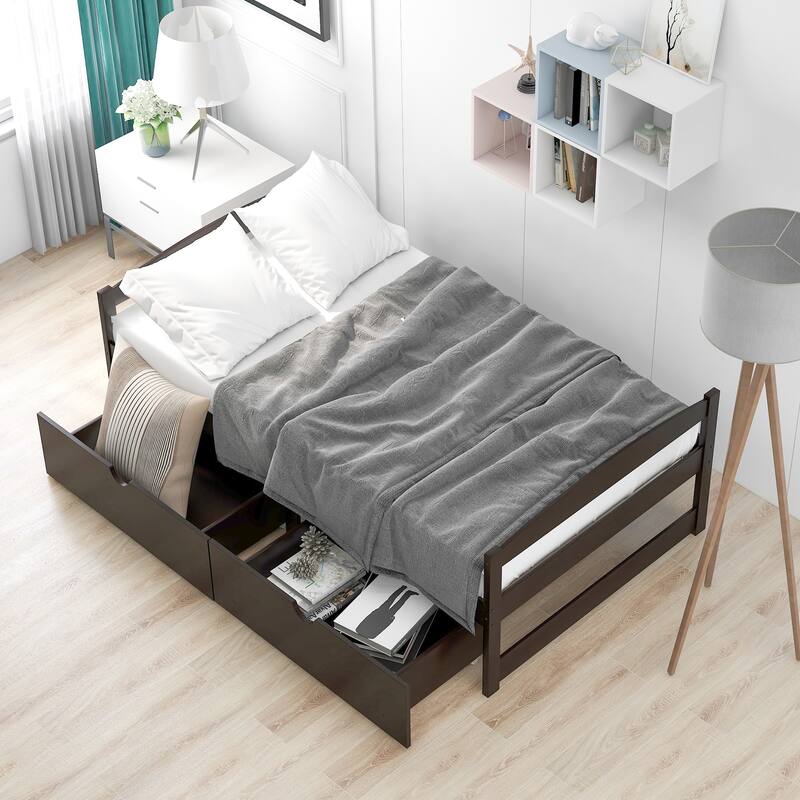 Twin Size Platform Bed with 2 Drawers in Espresso Finish, Space-Saving Storage