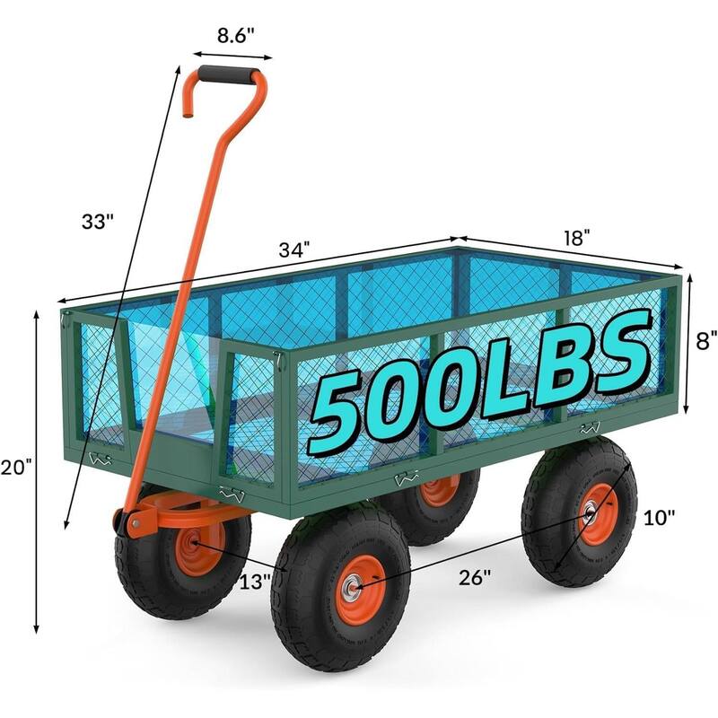 500 LBS Heavy Duty Steel Garden Cart, Utility Yard Wagon for Landscaping, Lawn, Farm, Outdoor Use