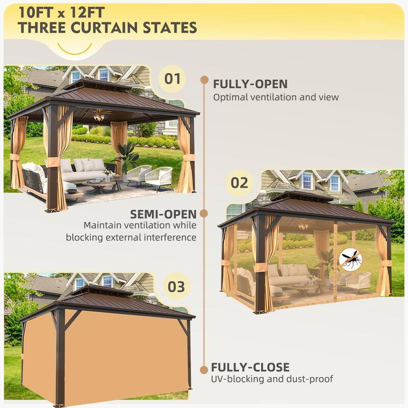 Erommy Hardtop Gazebo with Galvanized Steel Double Roof & Aluminum Frame, Outdoor Gazebo with Curtains and Nettings