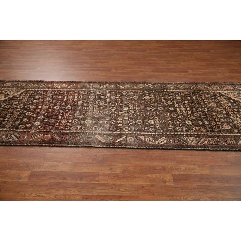 Hand Knotted Oriental 100% Wool Carpet Traditional Geometric Brown Malayer Runner Rug - 10' 2'' X 3' 3''