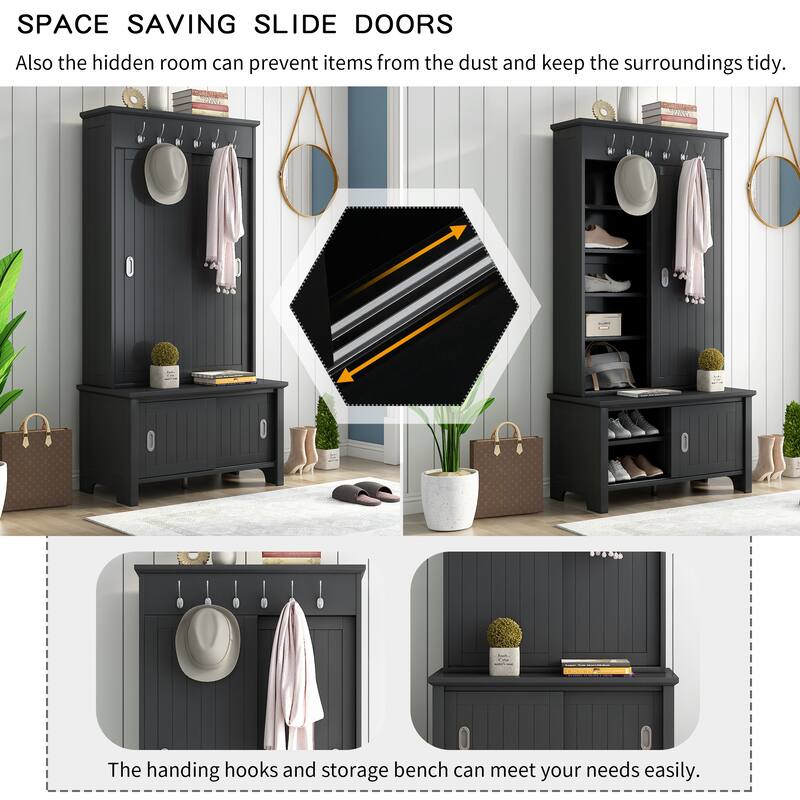 Hall Tree with Sliding Doors, Wooden Hallway Shoe with Storage