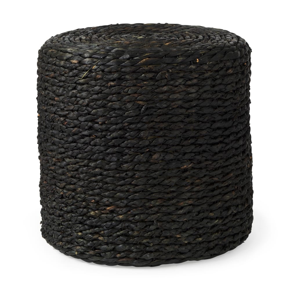 Mercana "Dina" Black Cornhusk & Water Hyacinth Round Square Pouf