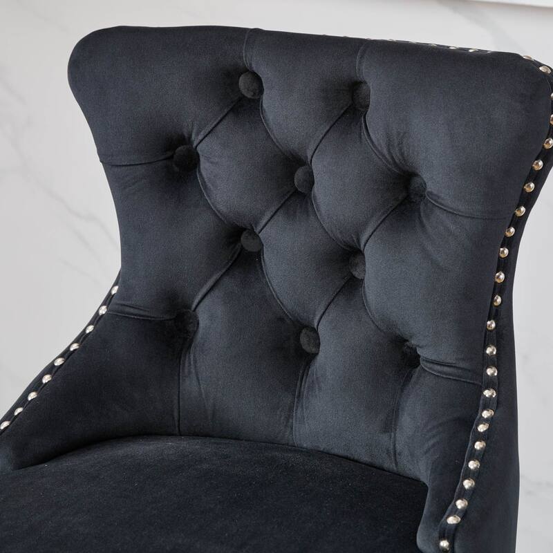 Swivel Velvet Barstools with Button Tufted, Wooden Legs, Chrome Nailhead Trim - Leisure Style Set of 2