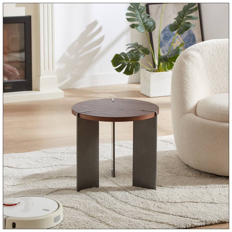 Round Coffee Table Walnut Wood Surface and Black Metel Feet