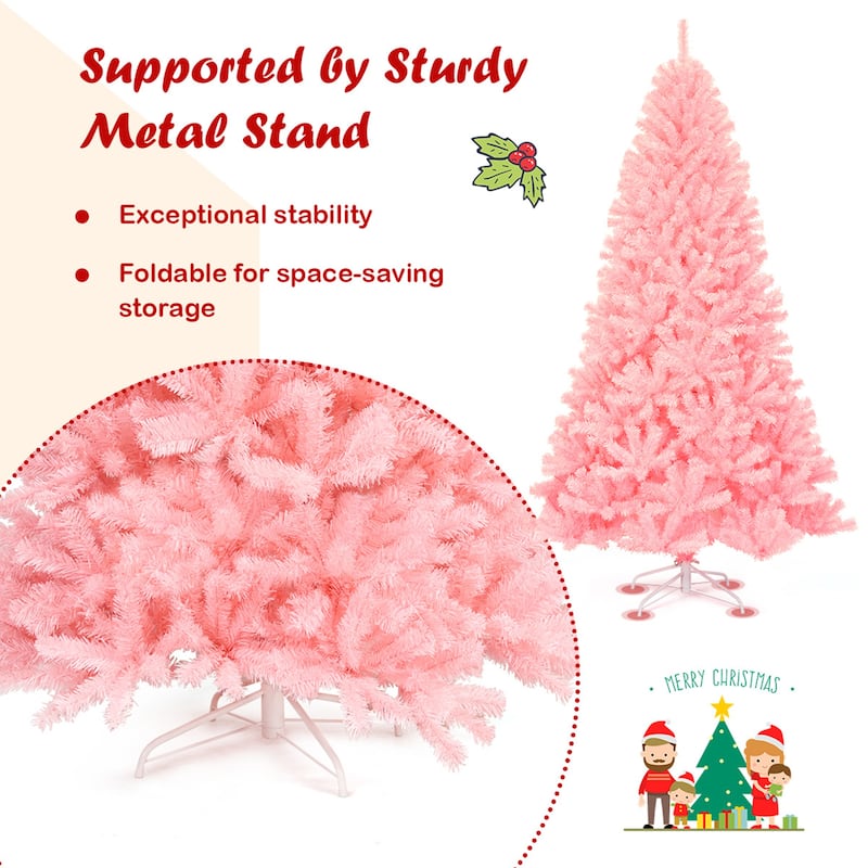 Gymax 6ft Pink Artificial Christmas Tree Hinged Spruce Full Tree w/ - See Details