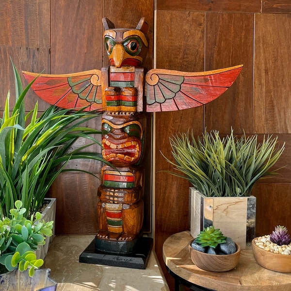20 Inch Tall Northwest Coast Style Wooden Totem Pole Dark Brown