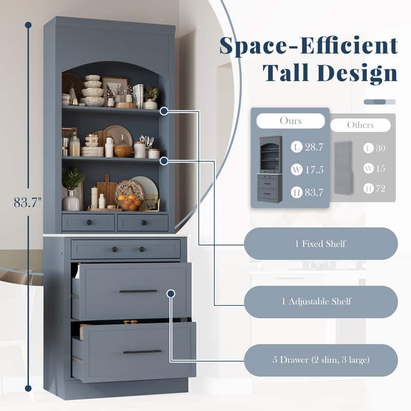Modern 83.7-Inch Tall Kitchen Pantry with Faux Marble Top, Display Cabinet, 5 Drawers & Adjustable Shelf‌