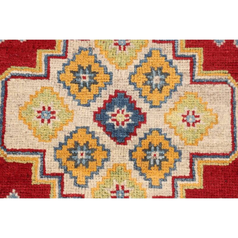 Red Geometric Kazak Foyer Rug Handmade Wool Carpet - 2'8" x 4'3"
