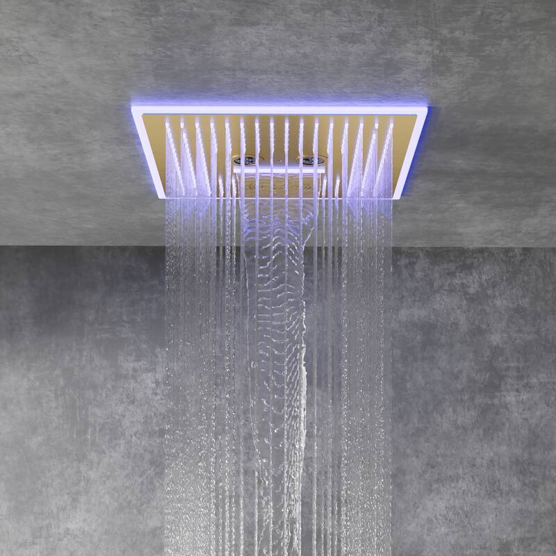 Shower Faucet System 16" Ceiling Mount Shower Head 3 Spray Modes Body Jets Handheld Spray with Slide Bar LED Music