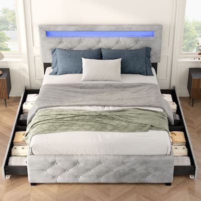 Modern Upholstered Platform Storage Bed Frame with 4 Drawers and LED Light