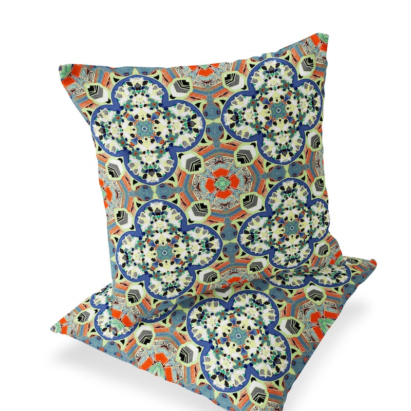 HomeRoots Set of Two 16" X 16" Blue and Orange Blown Seam Floral Indoor Outdoor Throw Pillow - 16.00' X '16.00' X '5.00