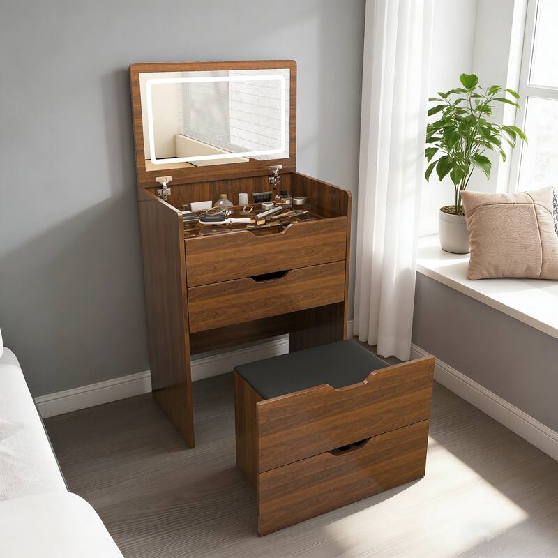 3-in-1 Vanity Desk with Flip Top LED Lighted Mirror, Compact Dressing Table and Makeup Stool Set