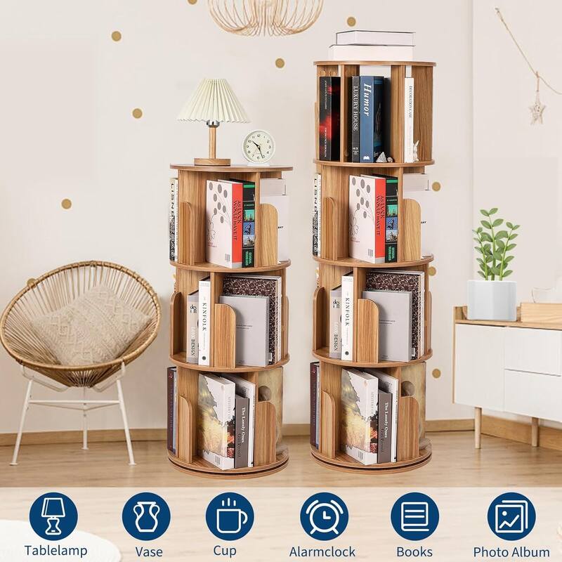 4 Tier 360° Rotating Space-Saving Natural Bookshelf - N/A