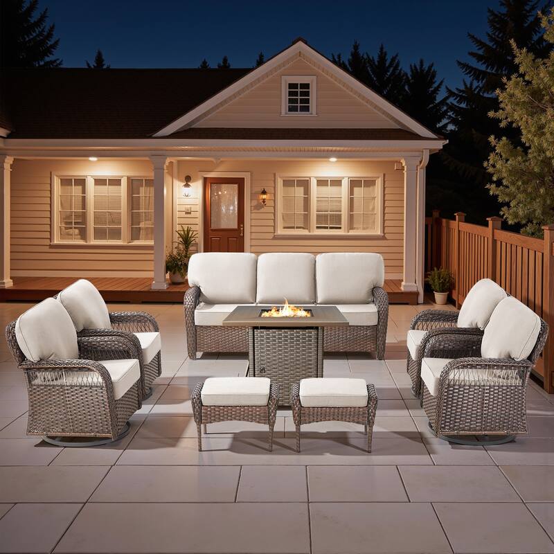 Pocassy Patio Outdoor Fire Table with Sofa Ottoman Swivel Chair Set. - Brown Wicker Beige Cushion - 8-Piece Sofa Swivel Chair Ottoman w/ Fie Table