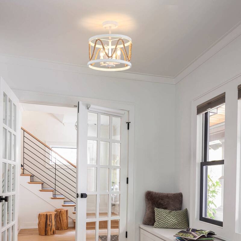 4-Light Hemp Rope Semi- Flush Mount with No Bulbs Included
