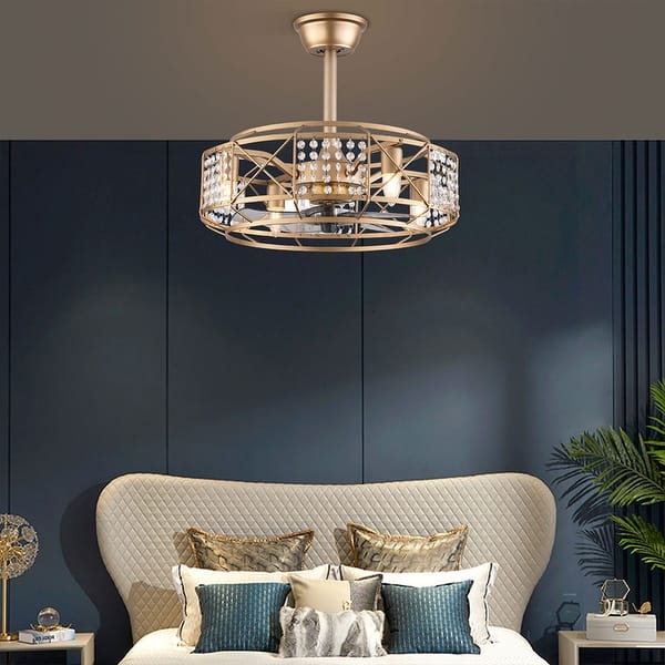 slide 2 of 18, 20" Gold Caged Farmhouse Crystal Ceiling Fan Light